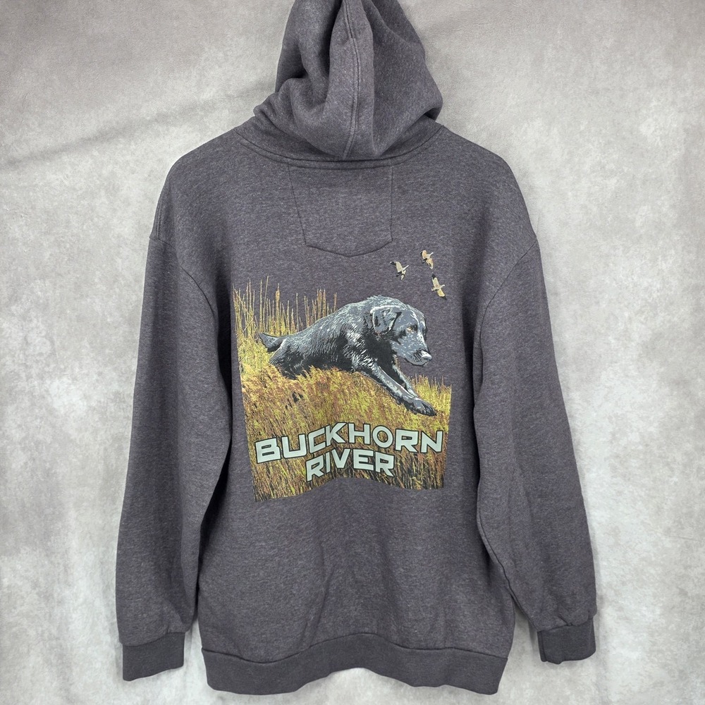 Buckhorn River Hoodie Sweatshirt Bird Hunting Dog Nature Graphic Gray Size Large